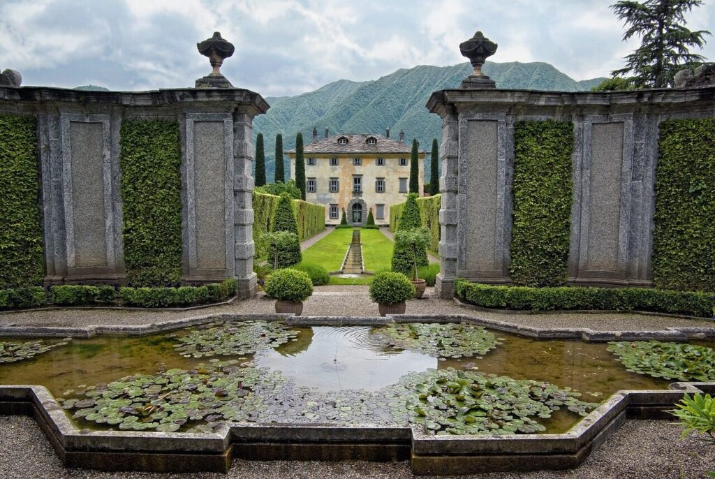 villa balbiano, fontana, garden, water lilies, water lily, architecture, villa, construction, nature, historical building, tourism, cypress trees, lake como, lombardy, italy, point of view